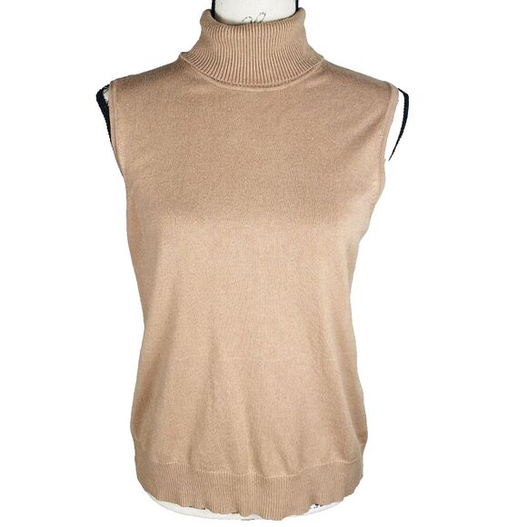 Cable & Gauge Sz M Sleeveless Turtleneck Sweater Soft Knit Layering Beige Camel - Picture 1 of 13